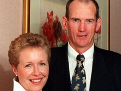 Queensland Father of the Year - Pic Bruce/Long -  Sept 04 1998 -  Wayne Bennett and wife Trish after the announcement.  Qld  sport rugby league broncos coach nrl headshot families awards award