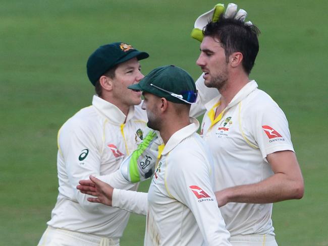 Pat Cummins of Australia celebrates the wicket of Aiden Markram during day 1 of the 4th Test match between South Africa and Australia.