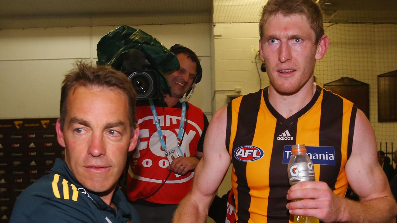 MELBOURNE, AUSTRALIA - APRIL 23: Hawks head coach Alastair Clarkson celebrates the win Ben McEvoy of the Hawks during the round five AFL match between the Hawthorn Hawks and the West Coast Eagles at Melbourne Cricket Ground on April 23, 2017 in Melbourne, Australia. (Photo by Michael Dodge/Getty Images)