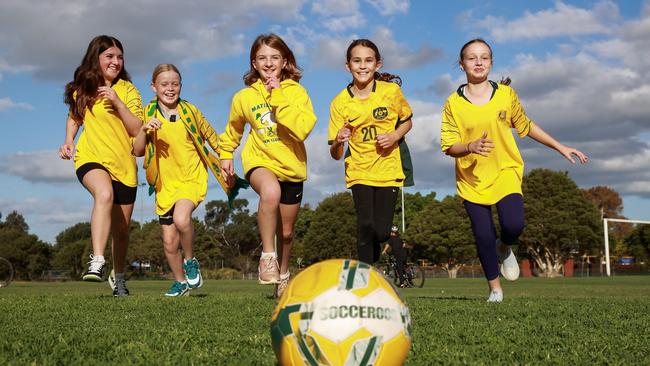 (L-R) Gabriella Di Pietro, 12, Zara Ralphm, 9, Katia Di Pietro, 10, Anastasia Bucciarelli, 10, and Violet Quinlan, 12, at Edwards Park, Sydney’s Inner West. Picture: Justin Lloyd.