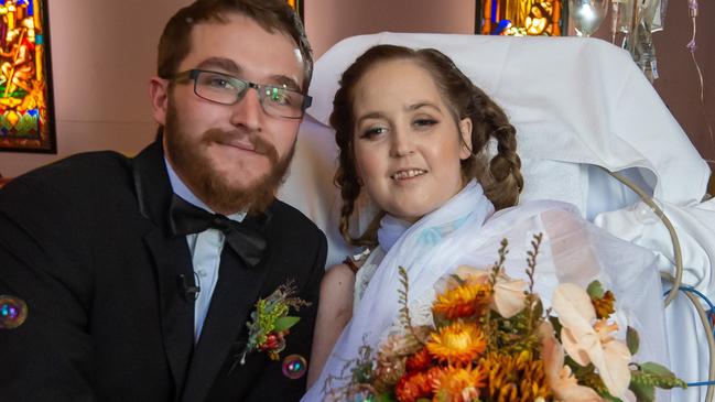 Toni Carroll marrying Jesse Welsh at the Alfred Hospital. Toni has cancer and a severe heart problem needing her to be on an artificial heart machine.Picture: Jay Town