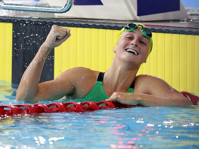 Leiston celebrates her gold in Glasgow. Picture: Adam Head