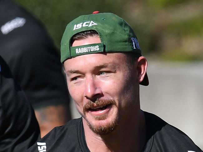 South Sydney Rabbitohs Cameron Murray (left) and Damien Cook (right) during a training session at Redfern Oval in Sydney, Tuesday, July 23, 2019. The Rabbitohs take on the Dragons in round 19 this Friday at ANZ Stadium. (AAP Image/Dean Lewins) NO ARCHIVING