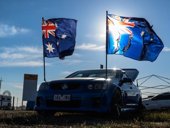 DENILIQUIN, AUSTRALIA - OCTOBER 03: A Ute with two Australian flags attached  at the 2019 Deni Ute Muster on October 03, 2019 in Deniliquin, Australia. The annual Deniliquin Ute Muster is the largest ute muster in Australia,  attracting more than 18,000 people to the rural town of Deniliquin together to celebrate all things Australian and the icon of the Ute in a weekend of music, competitions and camping. (Photo by James Gourley/Getty Images)