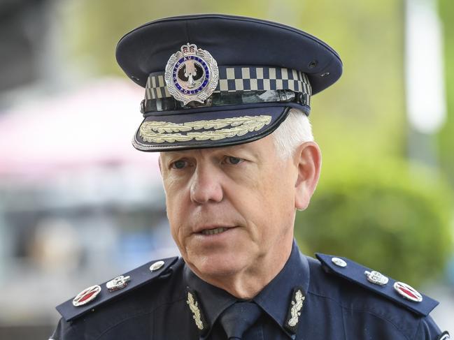 Wednesday SEPTEMBER 20 2023 Police Commissioner Grant Stevens at a press conference outside 5AA building. Picture:  Roy VanDerVegt