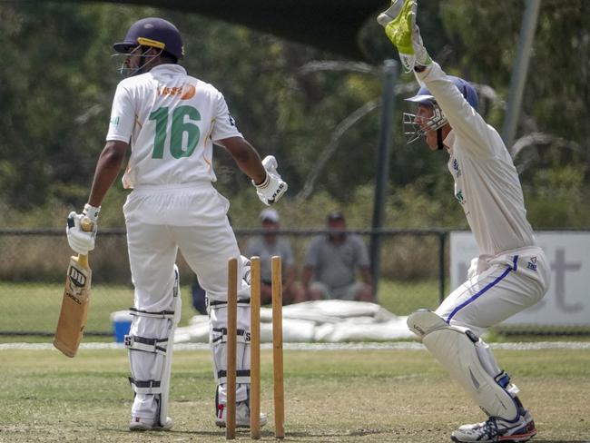 VSDCA Williamstown keeper Brenton Hodges thinks he has his man. Picture: Valeriu Campan