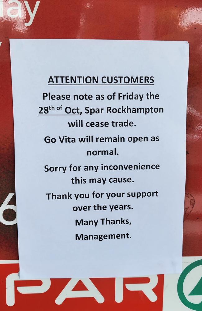 Notice outside Spar Rockhampton announcing its closure on October 28, 2022. Picture: Aden Stokes