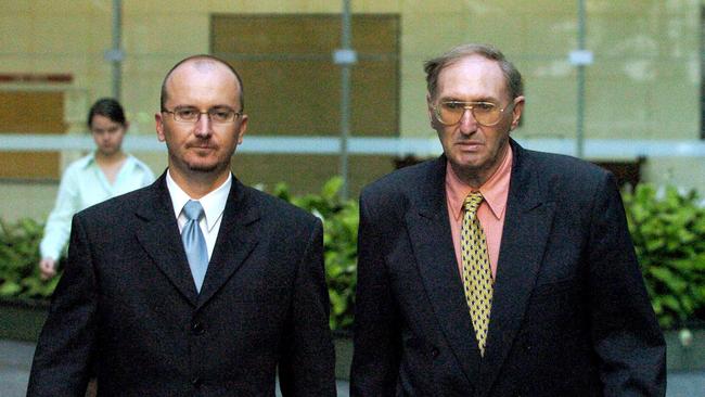 Ex Victorian policeman Eric Terrence Goodfellow ,61, (right) with his solicitor. Picture: AAP Image/Dave Hunt