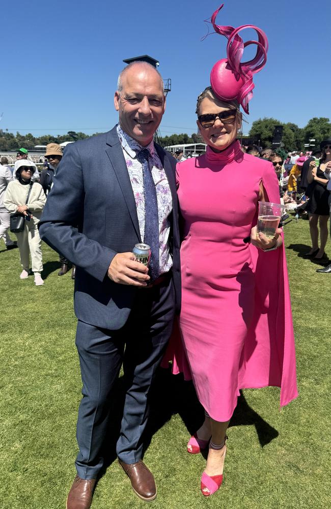 John Baggetta and Kerri Wallis at the Melbourne Cup at Flemington Racecourse on November 5, 2024. Picture: Phillippa Butt