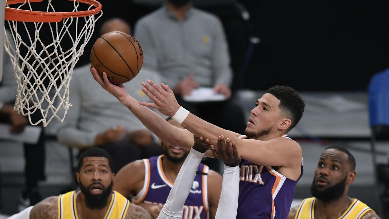 Devin Booker #1 was tossed out during the Suns’ win over the Lakers on Wednesday. Photo: Getty Images