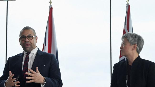 Britain's Foreign Secretary James Cleverly, left, and Foreign Minister Penny Wong hold a press conference in Portsmouth. Picture: AFP