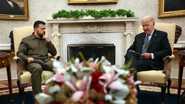 Joe Biden meets Volodymyr Zelensky in the Oval Office on Thursday. Picture: AFP