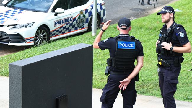 Police officers watc hover a crime scene at Mount Sheridan Cairns following the sudden deaths of a man and a woman on May 27. Picture: Peter Carruthers