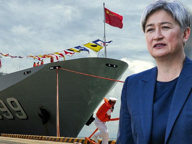 Penny Wong with Chinese sub ship art