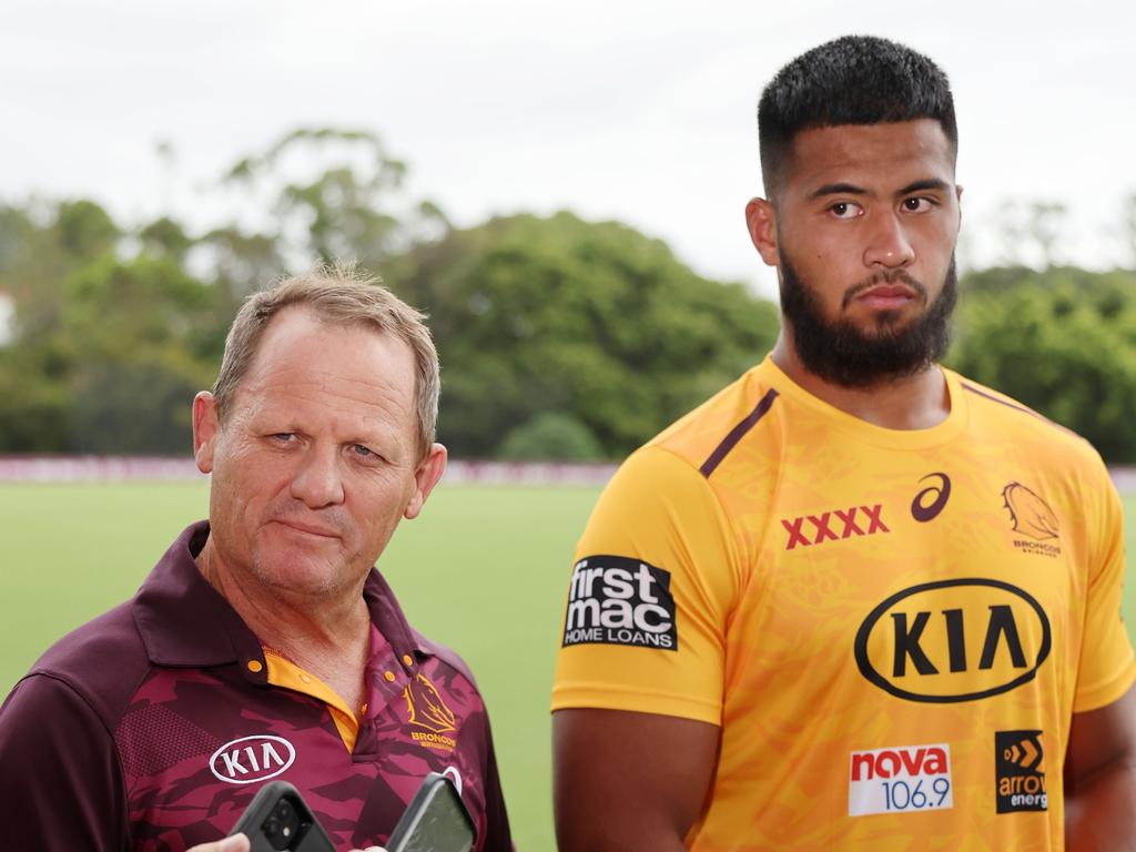 Kevin Walters and Payne Haas address the media. Picture: Peter Wallis