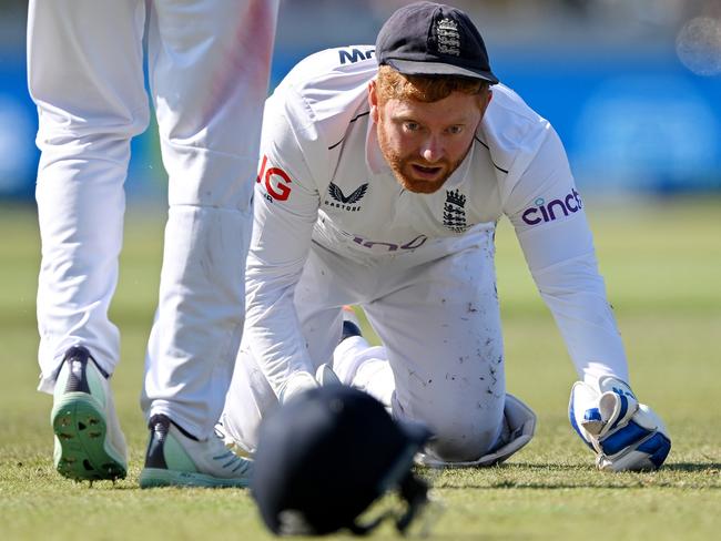 England wicketkeeper Jonny Bairstow reacts after dropping Marnus Labuschagne at Headingley. His batting has kept him in the side so far. Picture: Stu Forster/Getty Images