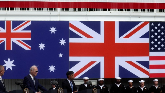 Australian PM Anthony Albanese with President Joe Biden and UK leader Rishi Sunak after a meeting of the AUKUS members at Naval Base Point Loma in San Diego in March. Picture: Reuters/The Times