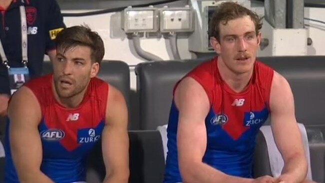 Harrison Petty seen upset on the bench. Photo: Channel 7.