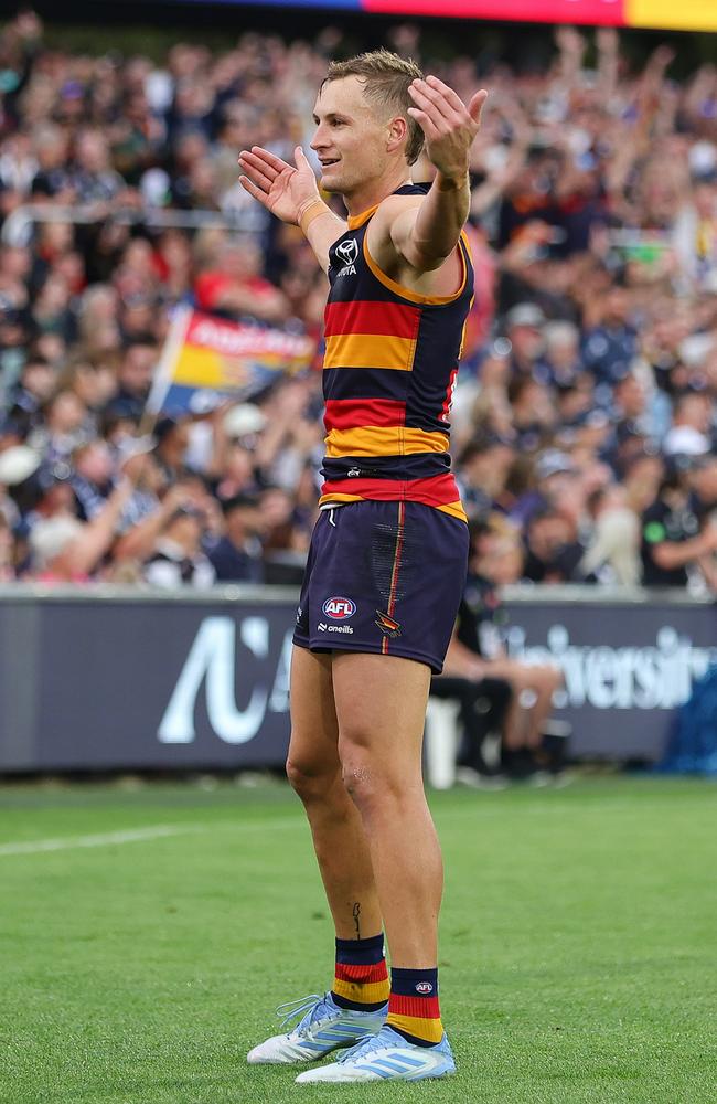 Crows skipper Jordan Dawson was the start of the show on Saturday. Picture: Sarah Reed/AFL Photos