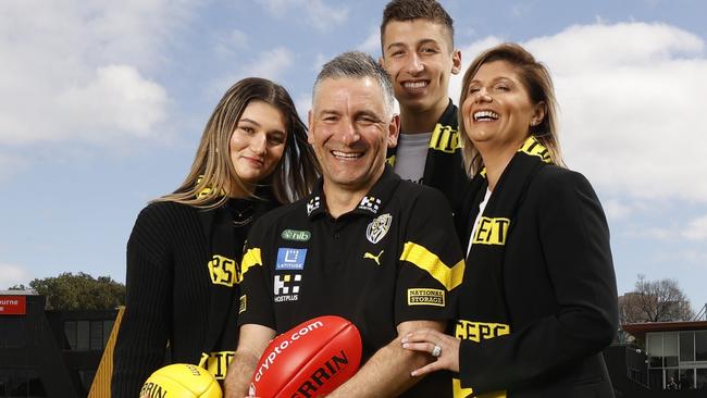 MELBOURNE, AUSTRALIA - SEPTEMBER 22: Adem Yze poses for a photo with his children Jasmine and Noah and wife Afijet after being announced as Richmond coach during a Richmond Tigers AFL press conference at Punt Road Oval on September 22, 2023 in Melbourne, Australia. (Photo by Darrian Traynor/Getty Images)