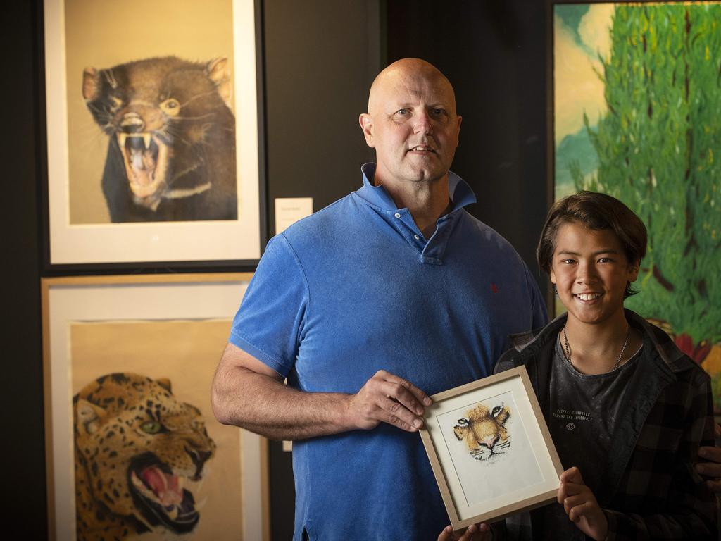 Artists Peter Kelly and his son Oscar Vincent Kelly 13 who are having an exhibition titled One Thousand Pieces of Gold at the artHouse, New Norfolk. Picture: Chris Kidd