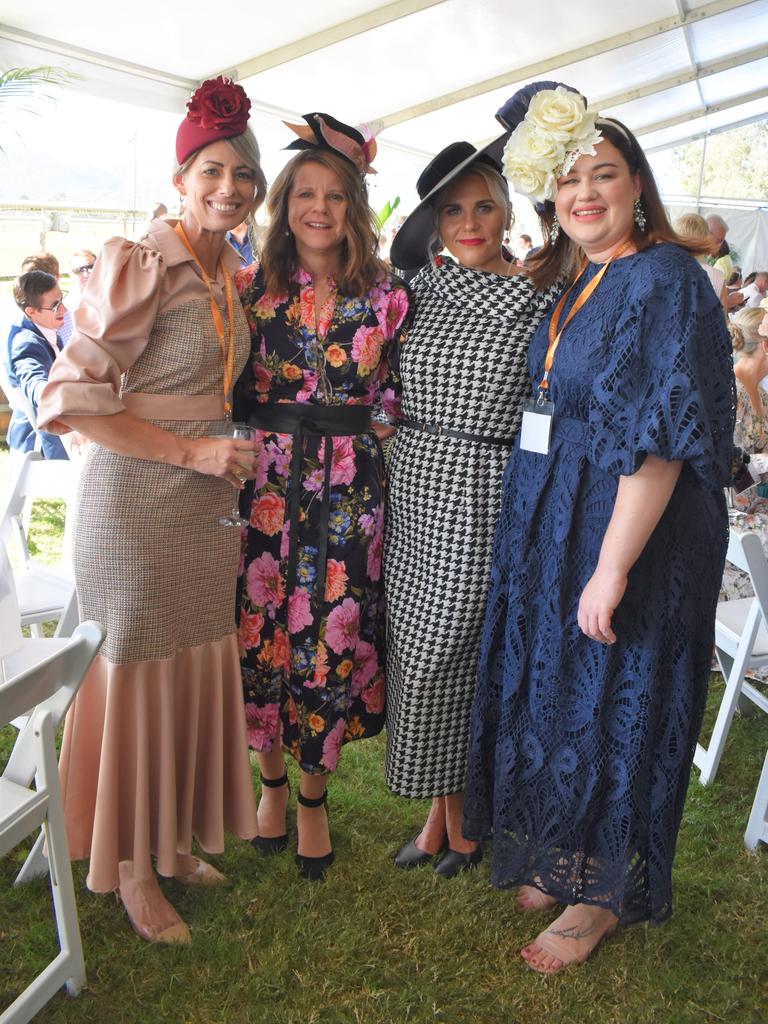 Jen Hooper, Tanya Fry, Kasey Mitchell and Emily McKelvie at the 2023 Rockhampton Girls Grammar 21st Race Day.