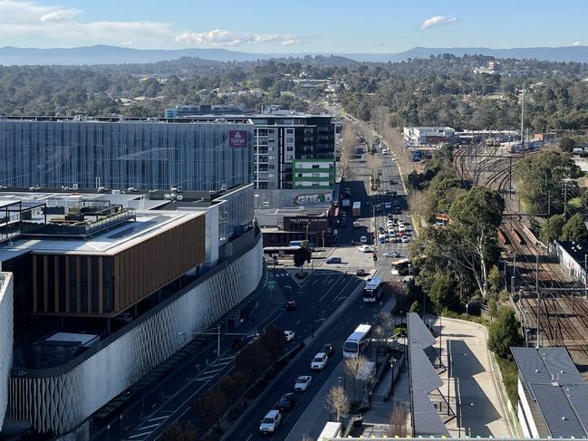 A view towards the Dandenong Ranges from the top of the 11-storey EastCo tower in Ringwood, Maroondah's new tallest building. Picture: Kiel Egging.