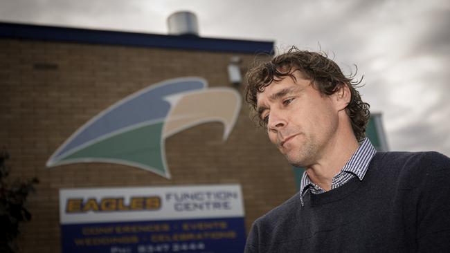 Woodville-West Torrens chief executive Luke Powell arriving at the club on Tuesday after his side did not have the preliminary final result overturned. Picture: AAP/Mike Burton