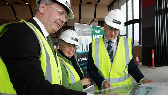 Nationals senator Steve Martin, acting Mayor of Devonport Annette Rockliff, and Deputy Prime Minister Michael McCormack in Devonport to announce funding for the Living City project in May. Picture: GRANT WELLS