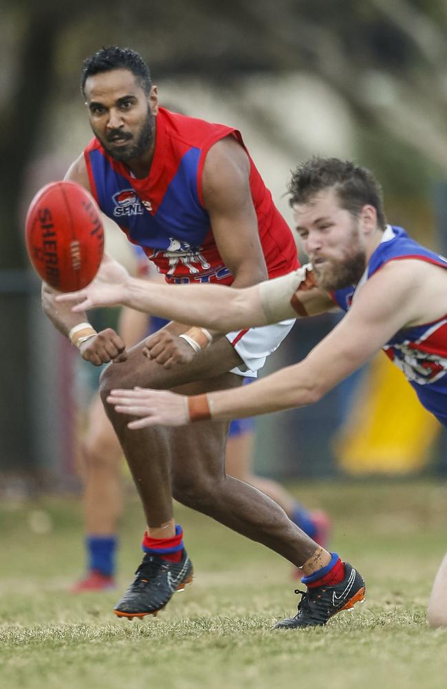 Southern FNL Div 1 football: St Paul's v Port Melbourne Colts. Ben Wilson (Port Melbourne Colts) Brendan Dawes (St Paulls). Picture: Valeriu Campan