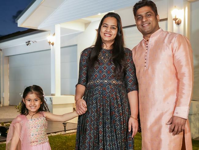 Rishabh and Neha Sharma with their daughter Yashvi, 3yrs outside their Berwick home.Indian people are migrating to Victoria in droves. Picture: Ian Currie