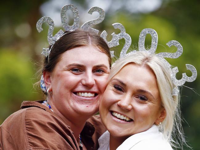 Kate Vaughan (left) and Abbie Evans get ready to party. Picture: Sam Ruttyn