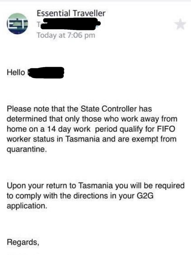 A copy of an email sent to a worker on a 7-day FIFO roster.