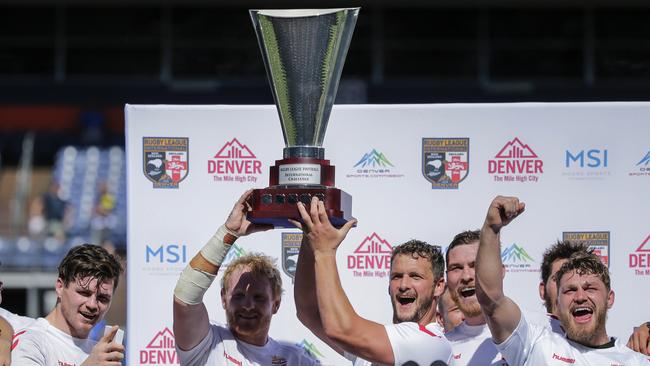 England players celebrate their Denver win. Picture: AP