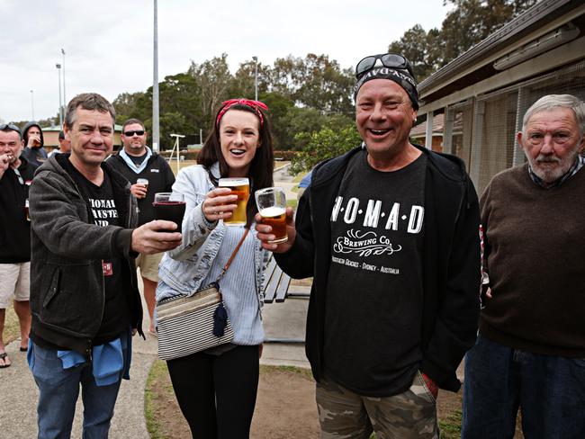 Vincent Taylor, Alycia Riddle and Jethro Brown attending North Manly Bowls club's last day of service. Picture: Adam Yip.