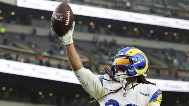 PHILADELPHIA, PENNSYLVANIA - JANUARY 19: Jordan Whittington #88 of the Los Angeles Rams warms up prior to the NFC Divisional playoff game against the Philadelphia Eagles at Lincoln Financial Field on January 19, 2025 in Philadelphia, Pennsylvania. The Eagles defeated the Rams 28-22. (Kara Durrette/Getty Images)