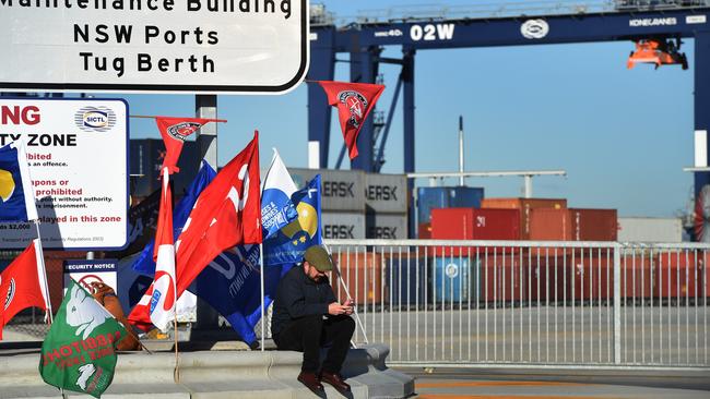 Sydney Ports workers from Hutchison Ports blockade the entrance to the Sydney terminal. Picture: AAP