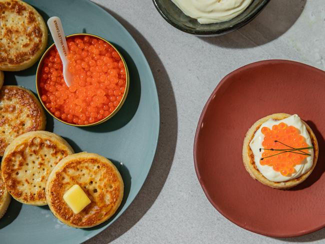 EMBARGO FOR TWAM, 10 MAY 2025. FEE MAY APPLY. TWAM Food. Crumpets, creme fraiche roe, Rhubarb Spritz recipe by Lennox Hastie. Photo: Nikki To / TWAM