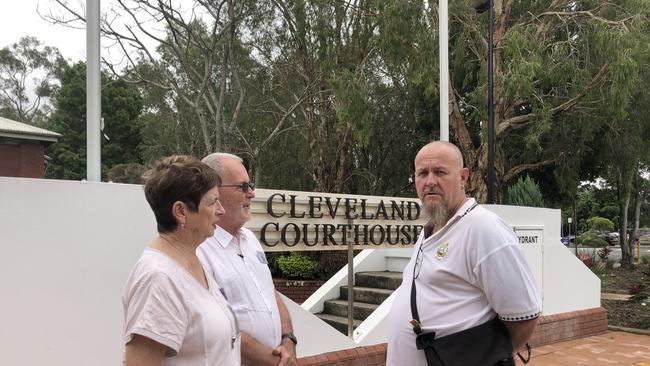 Voice for Victims Lyndy Atkinson and husband George with stabbing victim Chris Sanders at Cleveland Magistrates Court. Picture: Judith Kerr