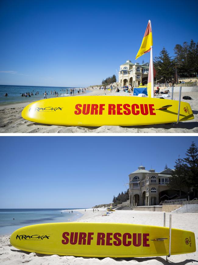 Before-and-after ... Cottesloe Beach on January 8, top, and during the lockdown on February 1, below.