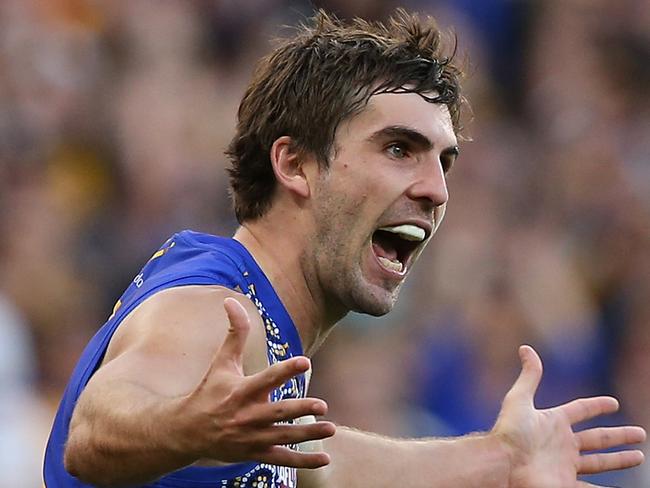 PERTH, AUSTRALIA - JULY 08: Andrew Gaff of the Eagles celebrates a goal during the round 16 AFL match between the West Coast Eagles and the Greater Western Sydney Giants at Optus Stadium on July 8, 2018 in Perth, Australia.  (Photo by Paul Kane/Getty Images)