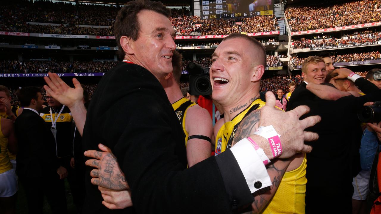 MELBOURNE, VICTORIA - SEPTEMBER 30: Richmond CEO Brendon Gale and Dustin Martin of the Tigers embrace after the 2017 AFL Grand Final match between the Adelaide Crows and the Richmond Tigers at Melbourne Cricket Ground on September 30, 2017 in Melbourne, Australia. (Photo by Darrian Traynor/AFL Media/Getty Images)