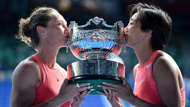 Samantha Stosur and Zhang Shuai celebrate with the championship trophy. Picture: AFP