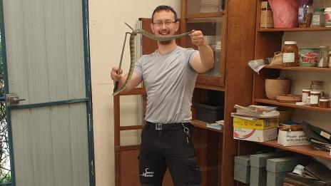 Diamond Creek snake catcher Mark Pelley with the tiger snake he removed from a cupboard at Parks Victoria's Templestowe office. Picture: Supplied.