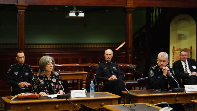 South Australian Chief Public Health Officer Dr Nicola Spurrier and Police Commissioner Grant Stevens are seen during question time at the Old South Australian Parliament in Adelaide on Thursday. The COVID-19 committee is hearing evidence from heath leaders and senior Parliamentarians. Picture: AAP Image/David Mariuz