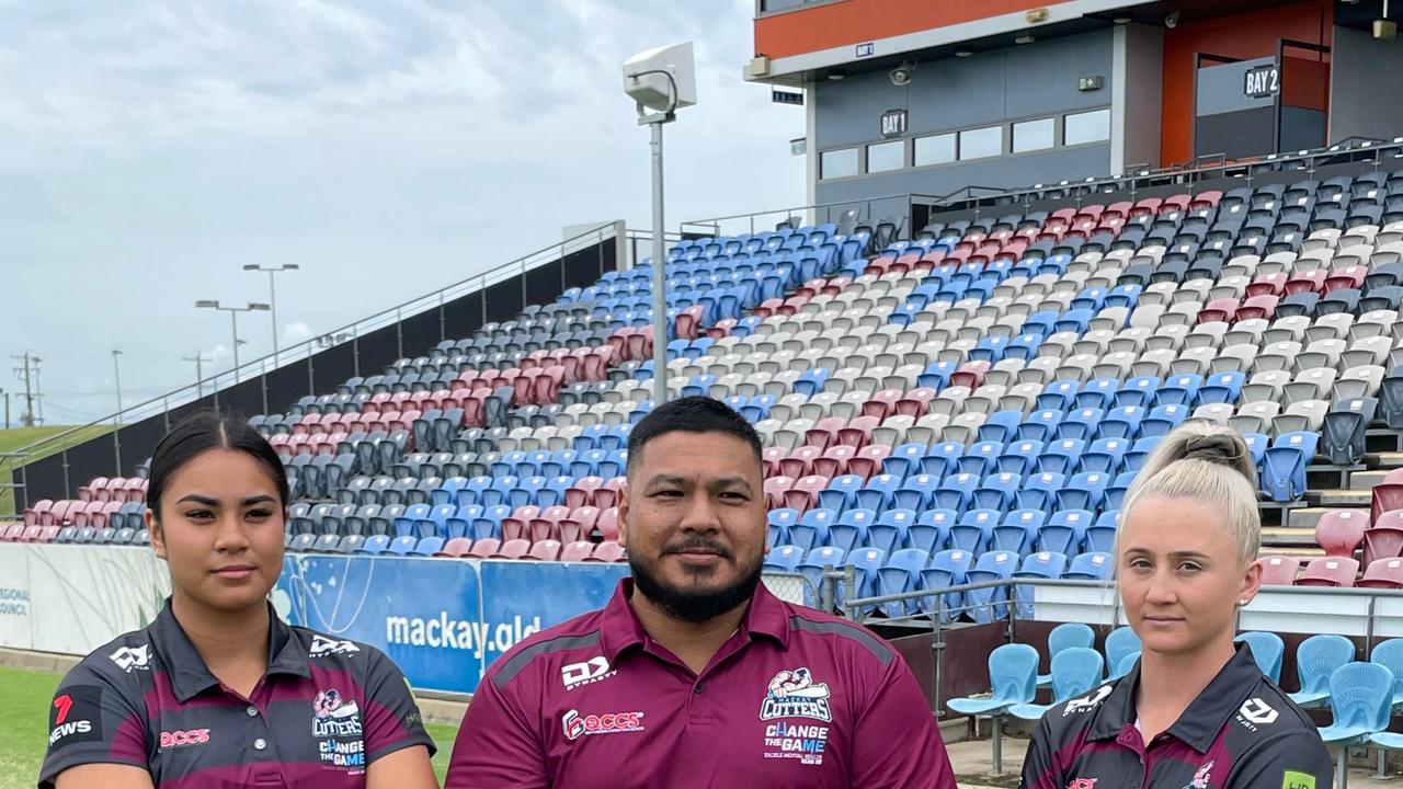 Jasmine Peters with her Dad and new coach Marco alongside Emma Manzelmann after the official announcement of the Mackay Cutters BMD premiership team in the Womens competition.