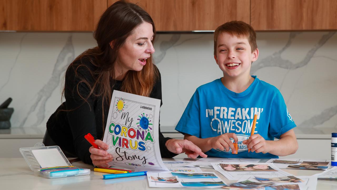 Laila Kaiser and her son Oscar, 9, taking part in the Kids News coronavirus time capsule activity this week at home in Manly, NSW. Picture: Justin Lloyd