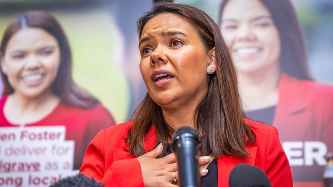 Eden Foster thanks the Labor faithful at the Noble Park RSL after her Mulgrave by-election win. Picture: Jake Nowakowski