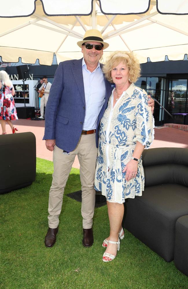 MELBOURNE, AUSTRALIA – OCTOBER 16 2024 Liz and Paul at the Caulfield Social race day at Caulfield racecourse on Wednesday 16th October, 2024 Picture: Brendan Beckett