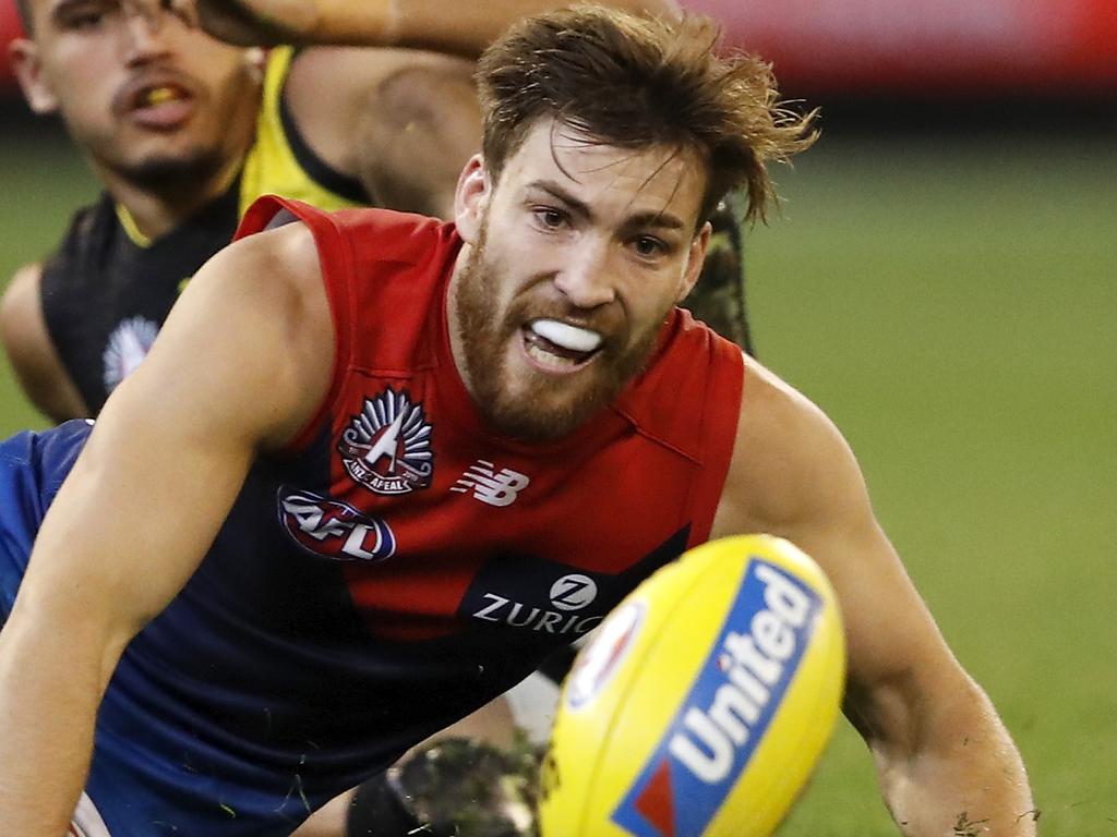 MELBOURNE, AUSTRALIA - APRIL 24: Jack Viney of the Demons looks on during the 2019 AFL round 06 match between the Richmond Tigers and the Melbourne Demons at the Melbourne Cricket Ground on April 24, 2019 in Melbourne, Australia. (Photo by Dylan Burns/AFL Photos)